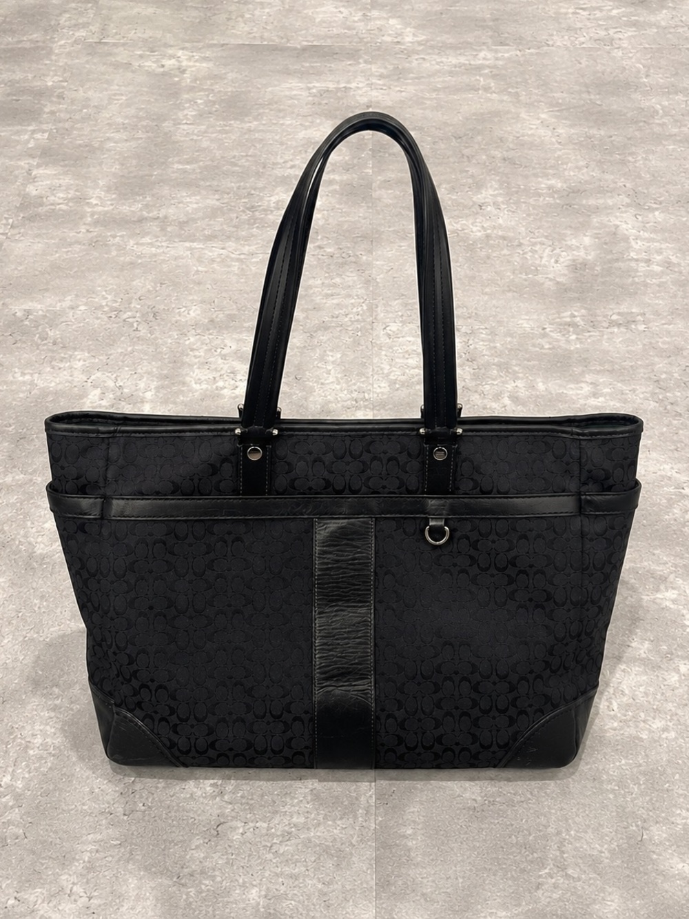 Coach Signature Tote Bag Black Monogram Canvas Leather Shoulder Purse
